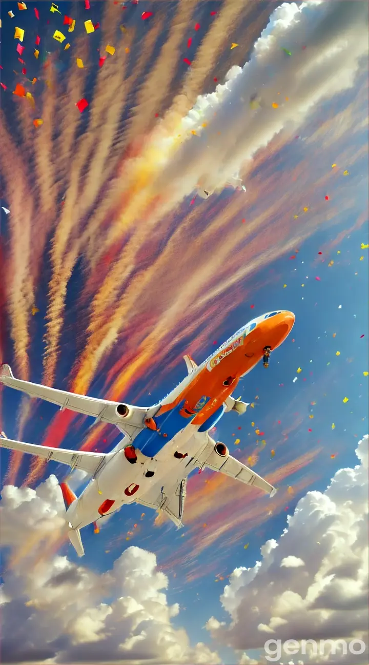 An artistic representation of an Air India plane flying successfully with a burst of colorful confetti in the background. This should convey the company's success and celebration.