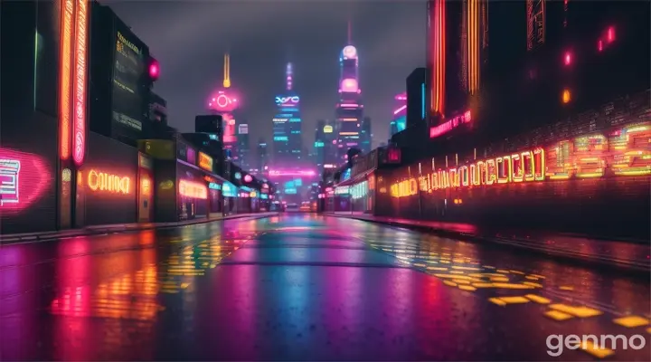 A Happy Hardcore graffiti in a futuristic, neon-lit cityscape, reflecting off a rainy surface