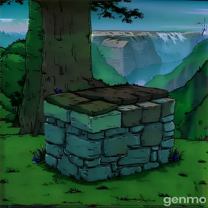 a cartoon picture of a tree and a stone wall