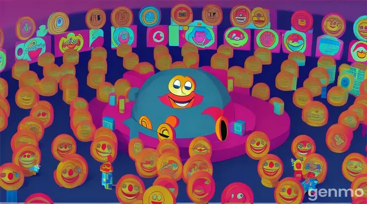 a video game with a smiley face surrounded by people