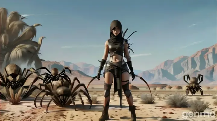 a woman in a desert with a giant spider