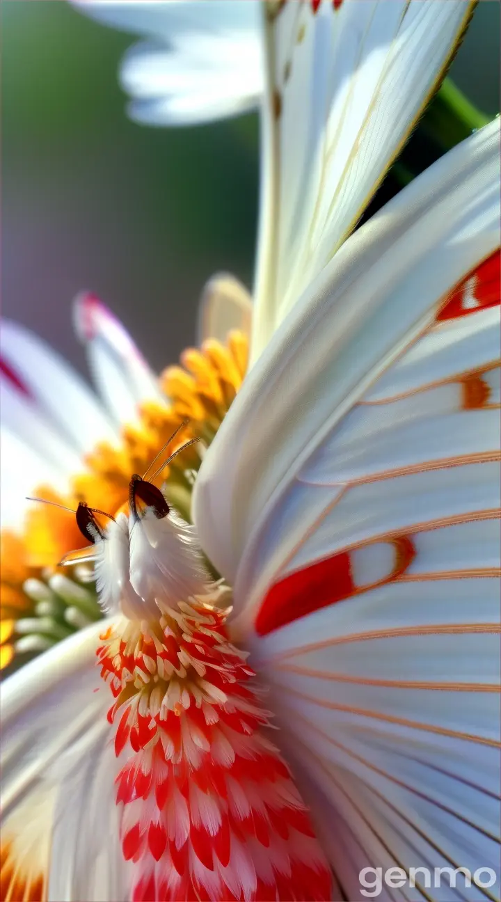Ultra hd, The image captures a close-up, high-resolution view of a delicate white butterfly perched gracefully on a chrysanthemum flower bud. The butterfly's pristine white wings are adorned with vivid red stripes, creating a stark contrast that draws the eye immediately. Each stripe is sharply defined, adding a sense of precision and beauty to the butterfly's appearance. The wings themselves exhibit intricate details, with visible veins and subtle texture variations that enhance the photorealistic quality.

The chrysanthemum flower bud is in its early stage of bloom, with tightly packed petals just beginning to unfurl. The bud's surface displays a gradient of soft greens and creamy whites, with the hint of the vibrant colors that will soon emerge as the flower fully blossoms. Tiny dewdrops cling to the petals and leaves, reflecting light and adding a fresh, dewy morning ambiance to the scene.

The background is softly blurred, ensuring the butterfly and flower bud remain the focal points. Hints of natural elements, like foliage and sunlight filtering through leaves, provide a serene and natural setting without distracting from the main subjects.

Overall, the image conveys a moment of stillness and beauty in nature, captured with a level of detail and realism that makes it feel almost tangible.


