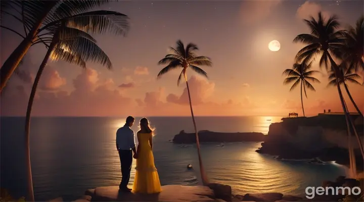 Night. General plan. A handsome guy with dark hair, seductive, attentive, loving look, wearing a colorful light shirt and jeans stands next to a beautiful girl with dark hair, wearing a light, strappy, yellow evolving dress, They stand on a high cliff, against the background of a huge moon, the moon over the sea at half-sky . Palm trees on the beach swaying in the wind, moon in the sky. natural colors, vivid colors, intricate detail, high detail, realistic, cinematic, studio shooting, wide angle lens, half angle shooting, sharp focus, better shadows, depth of field, ultra realistic detailed lighting, volumetric lighting, cinematic lighting, dramatic lighting, rays of light, cinema, 8