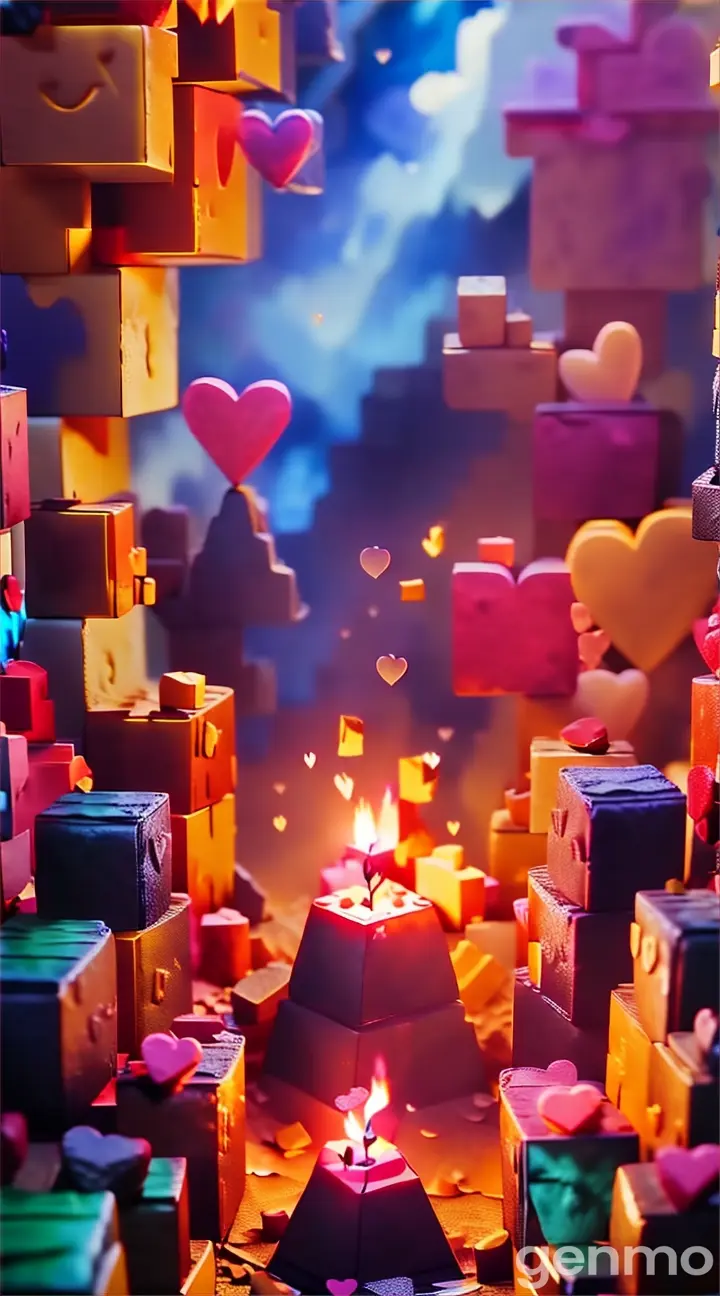 a lit candle surrounded by blocks and hearts in a room