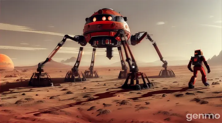 A giant creepy (Thomas the train) ++, SPIDER LEGS TO IT, red liquid dripping out of the sharp teeth, (((PEOPLE RUNNING AWAY FROM IT))), IN red planet MARS