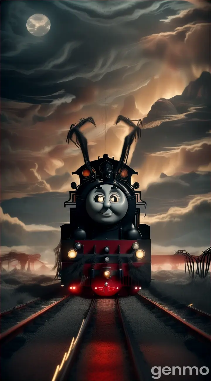 “((Thomas the Train)) with giant SPIDER LEGS, FULL HAIRY LEGS, BLACK LIQUID , background red sea”