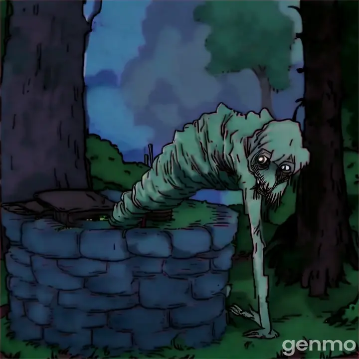 a cartoon picture of a creepy looking creature comes out from a well. Try to make the creature clear