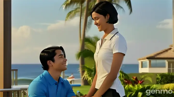 at the hotel garden, a smiling young man with slicked back surfer black hair in sky blue polo shirt kneeling down and a young woman with Black Bob Cut Hair in cream blouse and black pants standing in front of him holing their hands