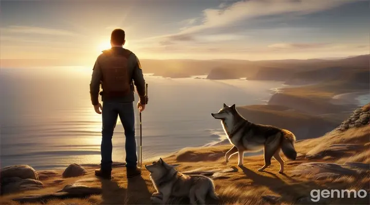 A man and a wolf looking at the sea from a hill