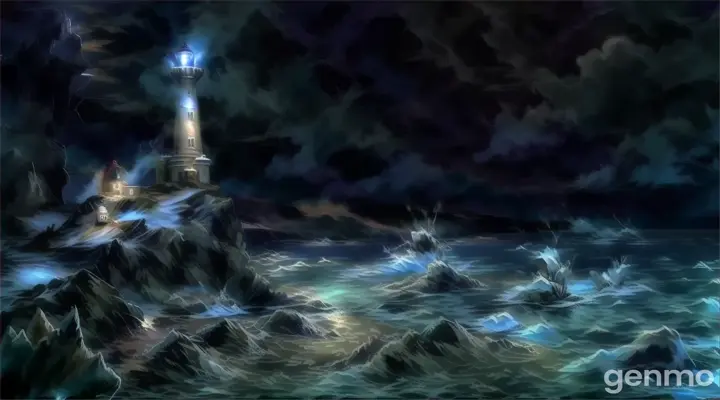 a painting of a lighthouse in the middle of the ocean