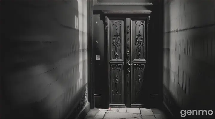 Haunted Door: A closed door with shadows and faint light seeping through the edges, creating a mysterious atmosphere