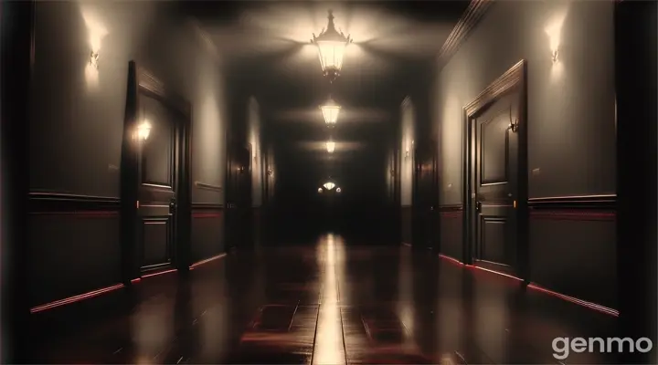 Empty Hallway: A dark, empty hallway with flickering lights, seen from the perspective of an open door.