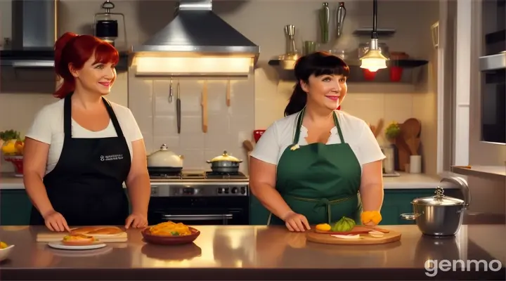une belle femme de 40 ans, souriante, aux cheveux noirs et aux yeux verts clairs, avec une frange sur le front et une queue de cheval, est en cuisine avec un cuisinier roux, joufflu, avec une moutache.