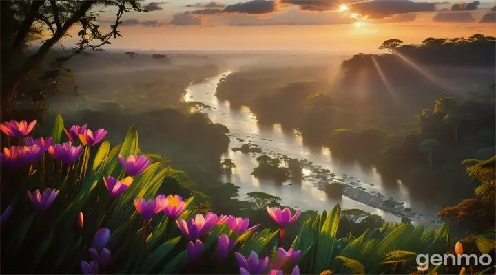 Looking down from a high hill, a view of a lush African jungle, with a river running through it. It is early morning and the sun is half visible from the distant hills. Its cool and soft light rays cast a dreamy glow on the flowing water of the river. The forest environment is visible from a mysterious, high hill. And the rock from which the view is being seen. The rock also has a few crocus flowers in the wild grass, on which five butterflies of different species are seen hovering. A scene that soothes the eyes, a scene that gives attractive and positive thoughts to the mind. A view of a site, from all four angles. Also have an aerial view
