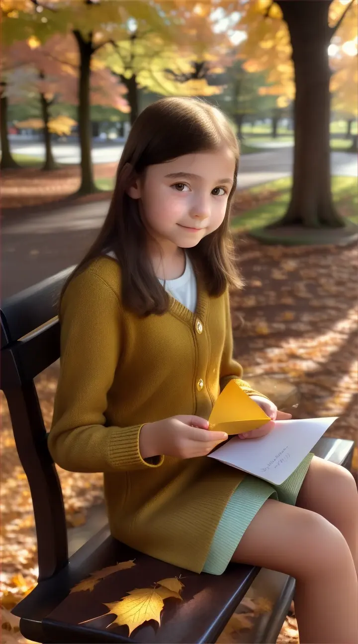 A young girl, around twelve years old found a golden envelope on a bench. She picks it up and opens it, revealing an invitation.