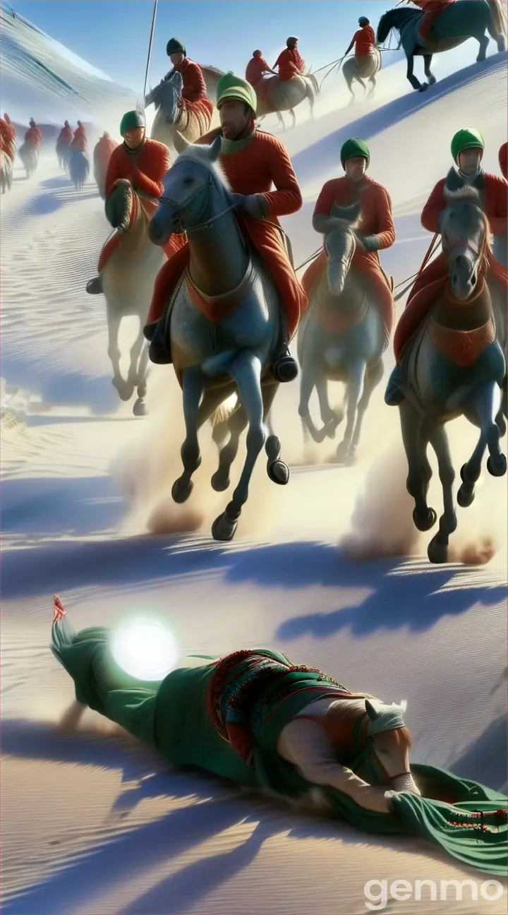 a group of men riding horses across a desert