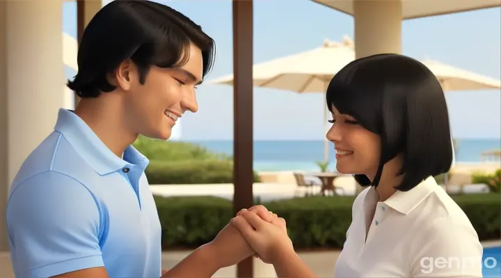 at the hotel garden, a smiling young man with slicked back surfer black hair in sky blue polo shirt and a young woman with Black Bob Cut Hair in cream blouse standing next to each other holding each other hands