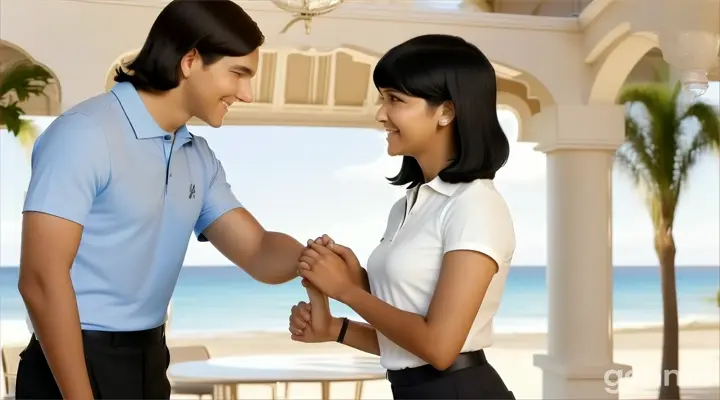 at the hotel garden, a happy young man with slicked back surfer black hair in sky blue polo shirt and a young woman with Black Bob Cut Hair in cream blouse standing next to each other holding hands