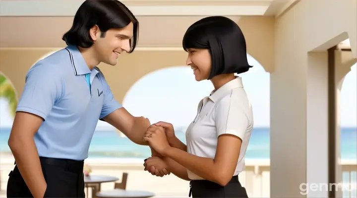 at the hotel garden, an exited and happy young man with slicked back surfer black hair in sky blue polo shirt and a young woman with Black Bob Cut Hair in cream blouse standing next to each other holding hands with tears of joy on their chin