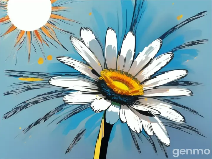 '''! Drawing: a bright day, a stylized single daisy with a stem against a background of blue sky and sun (large strokes with strokes, strokes, blots) On an abstract pop art background with spots and strokes. Рисунок: светлый день, стилизованная одиночная ромашка состеблем на фоне голубого неба и солнца (крупными мазками с обводкой, штрихами, кляксами) На абстрактном фоне поп-арта с пятнами и штрихами.