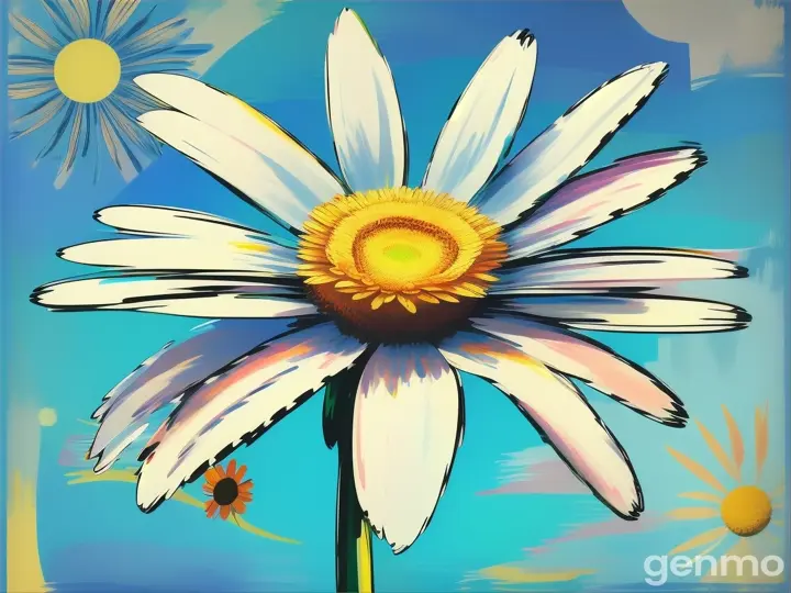 '''! Drawing: bright day, stylized single daisy with a stem against a background of blue sky and sun (large strokes with strokes, strokes, blots) On an abstract pop art background with spots and strokes. Рисунок: светлый день, стилизованная одиночная ромашка со стеблем на фоне голубого неба и солнца (крупными мазками с обводкой, штрихами, кляксами) На абстрактном фоне поп-арта с пятнами и штрихами.