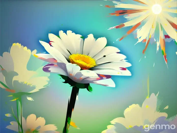 '''! Drawing: bright day, stylized single white flower with a stem against a background of blue sky and sun (large strokes with strokes, strokes, blots) On an abstract pop art background with spots and strokes. Рисунок: светлый день, стилизованный одиночный белый цветок со стеблем на фоне голубого неба и солнца (крупными мазками с обводкой, штрихами, кляксами) На абстрактном фоне поп-арта с пятнами и штрихами.