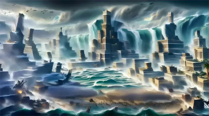 a painting of a city in the middle of the ocean