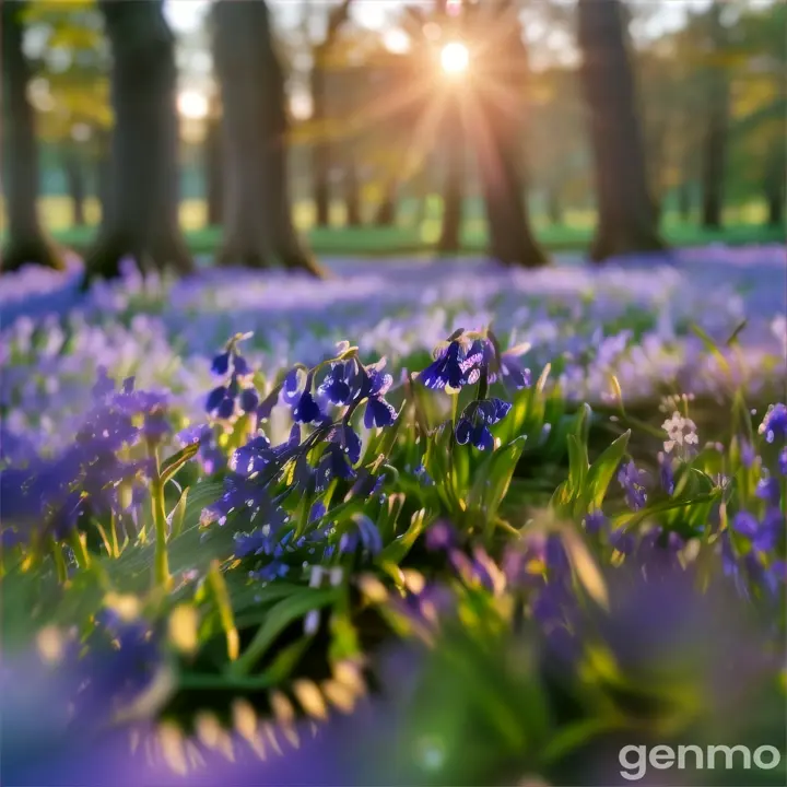 Closeup view of bluebells during spring at sunrise