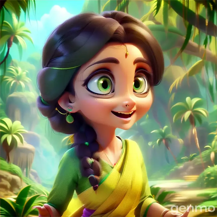 a   poor lady wearing light yellow saree with a  braid green saree , big eyes happily smiling and talking  a jungle 3D animation cartoon zoom out 