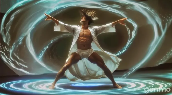 a man in a white outfit is dancing on a circular surface