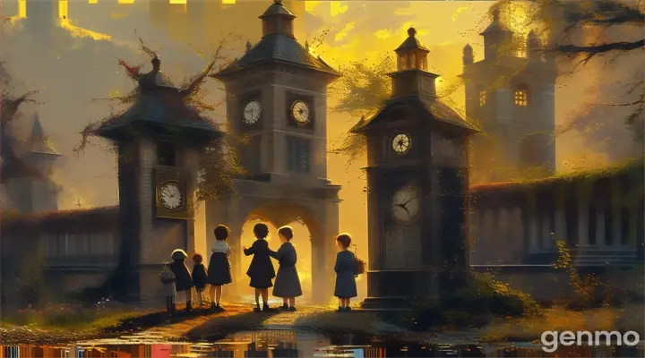 three children standing in front of a clock tower