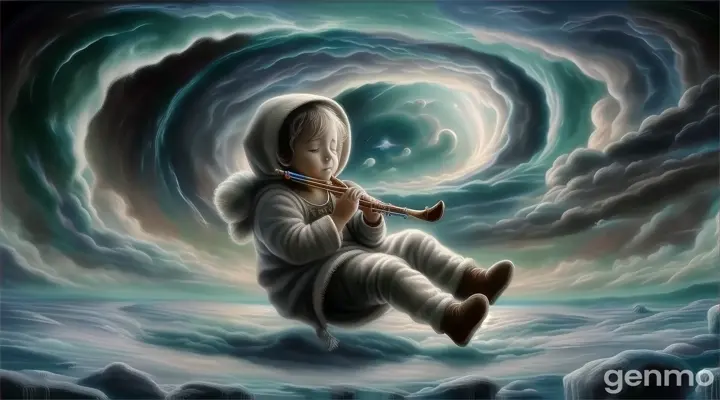 a painting of a child playing a flute