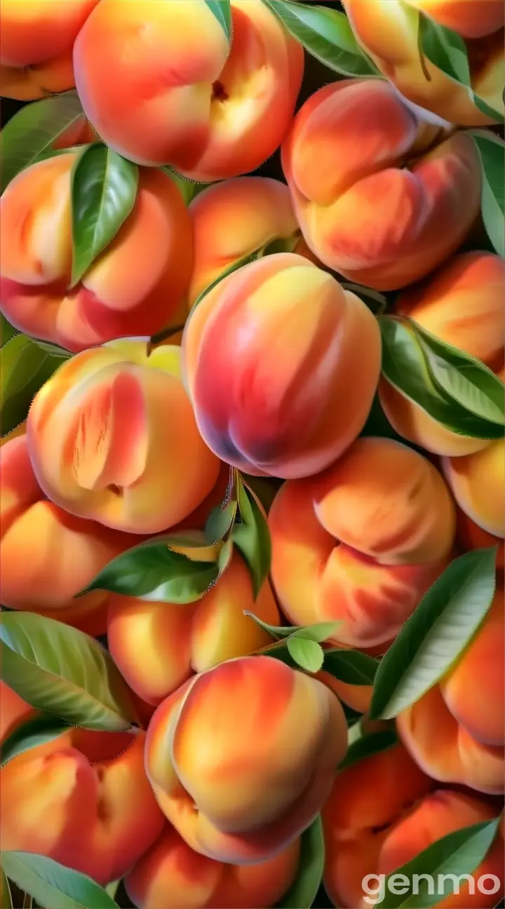 a pile of ripe peaches with green leaves