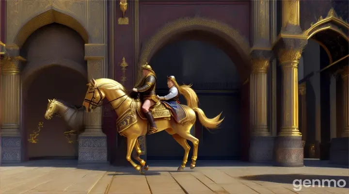 A little dwarf enter a palace with golden horse