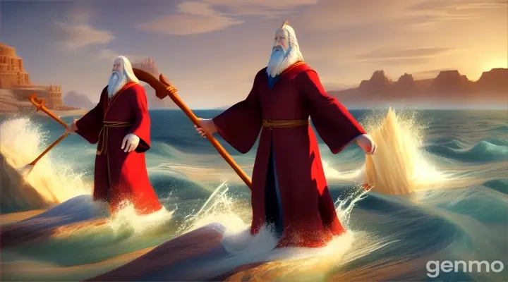 3d animation cartoon Moses took his staff and struck the sea with it, causing it to split like a great mountain