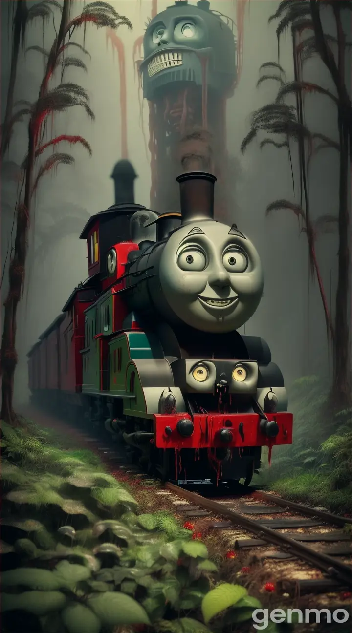 A giant creepy (Thomas the train) ++, SPIDER LEGS TO IT, red liquid dripping out of the sharp teeth in deep jungle