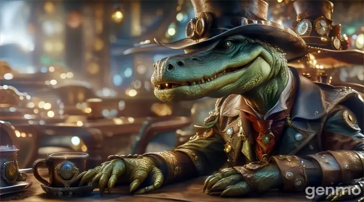 hyper-detailed Hyperrealism a crocodile in a top hat sitting at a table with a cup of coffee. realistic emotions and motion animation. 4K 3D cartoon photographic Pixel ART Symbolism style Meteora graphics, ((steampunk style))