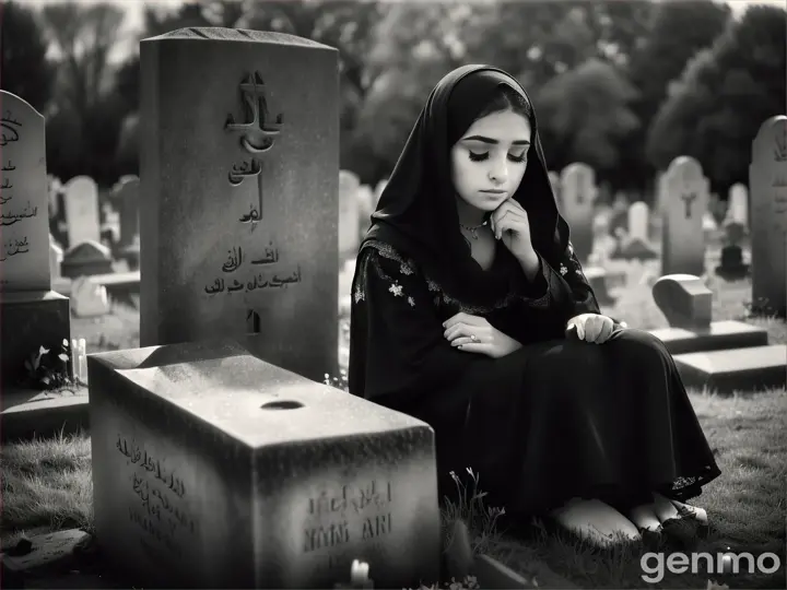 A sad girl wearing a black Arab dress sits next to a grave, placing her hand and moving it on the grave 