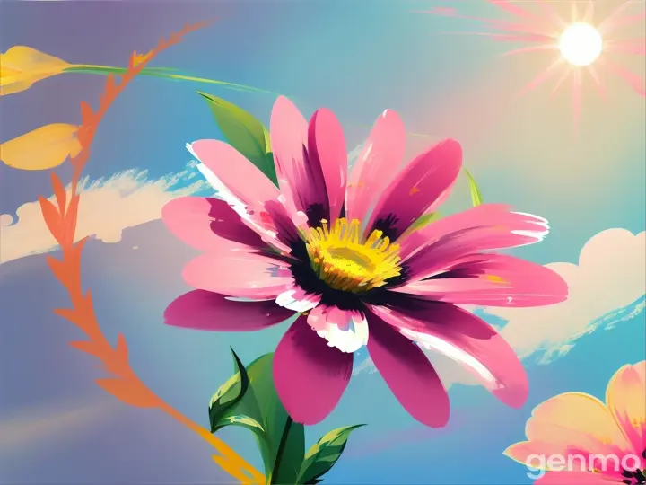 Drawing: bright day, stylized single pink flower with a stem against a background of blue sky and sun (large strokes with strokes, strokes, blots) On an abstract pop art background with spots and strokes. Рисунок: светлый день, стилизованный одиночный розовый цветок со стеблем на фоне голубого неба и солнца (крупными мазками с обводкой, штрихами, кляксами) На абстрактном фоне поп-арта с пятнами и штрихами.