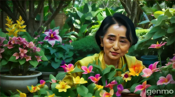 Aung San Suu Kyi, Haciendo Jardineria en el patio de su casa,  con flores exoticas de su pais.. Horizontal 16.9