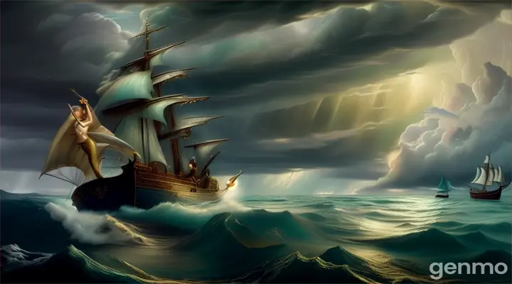 A beautiful siren mermaid leading a sailer into the stormy ocean off of his ship.