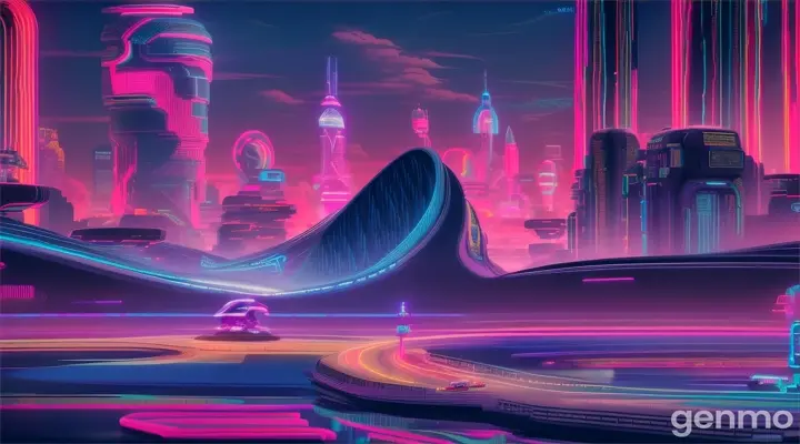 A neon-colored dream world with a surfer catching a multi-colored wave, surrounded by floating clouds and creatures