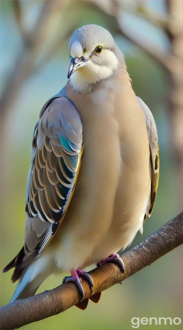 A wild dove with charming yellow and green eyes on a branch 