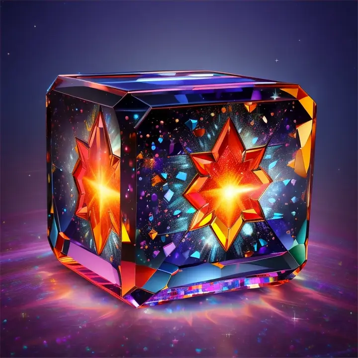 A cube made of gemstones, with each face depicting a different planet in colorful, sparkling detail.