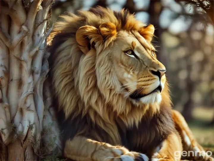 lion scratching his nails on the bark of a tree