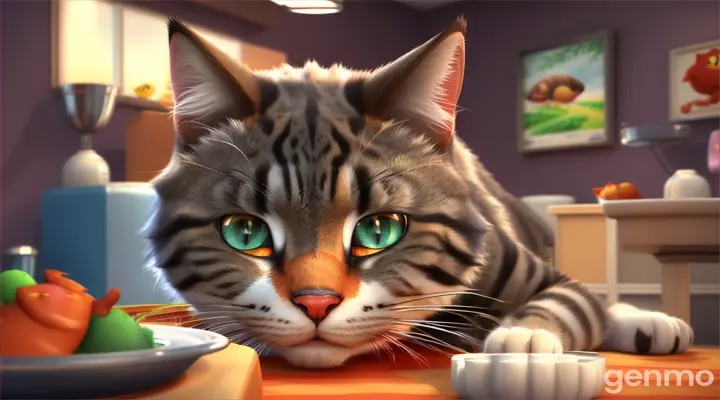 There was a cat who was very hungry. He wanted to find some food.  3D  CARTOON