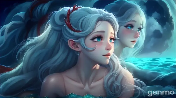 a painting of a mermaid in water at ocean surface with single moon