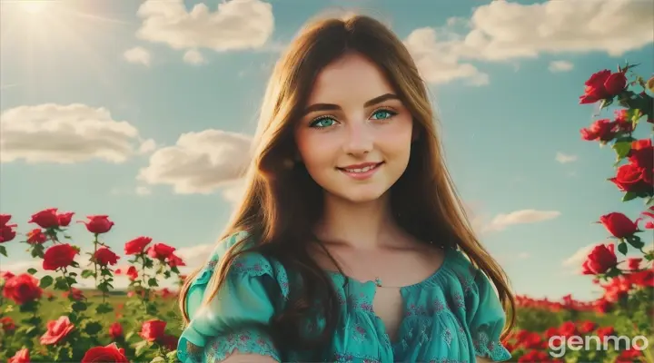 Beautiful shy green-eyed woman with rosy cheeks smiling in a beautiful turquoise dress with scarlet roses looking at the camera against the background of blue sky and clouds with bright sun rays, large lens, 8k, 16:9