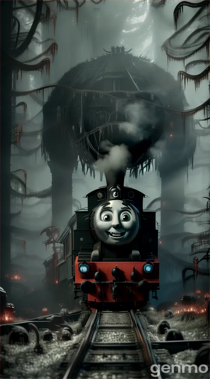 A giant creepy (THOMAS THE TRAIN) ++, SPIDER LEGS TO IT, red liquid dripping out of the sharp teeth in deep jungle with big flies