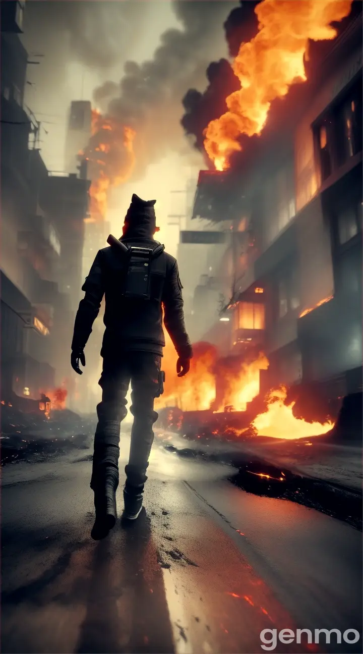 A mysterious all black figure walking in fire with his back facing away a city on fire 